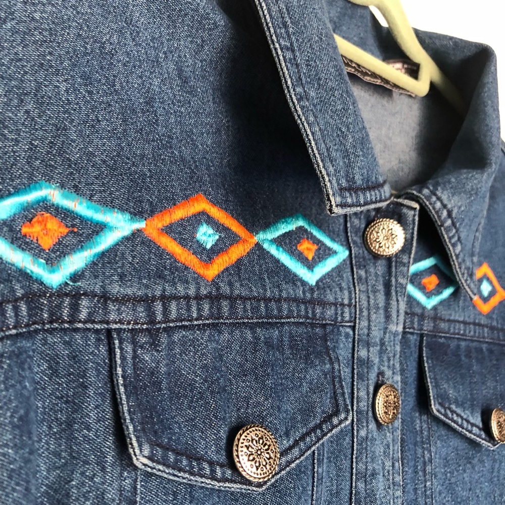 Vintage Southwestern Embroidered Boho Fringe Denim Jacket - Picture 3 of 6